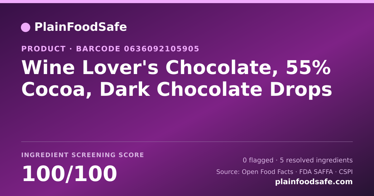 Share card for Wine Lover's Chocolate, 55% Cocoa, Dark Chocolate Drops Food Ingredient Profile
