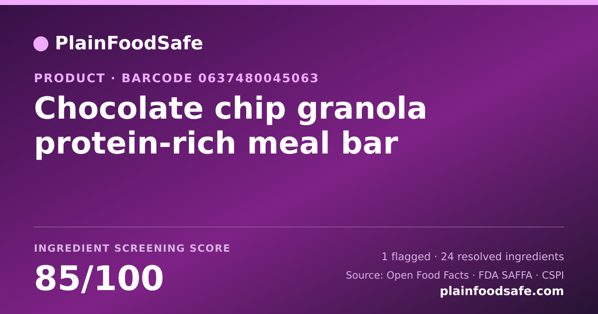 Share card for Chocolate chip granola protein-rich meal bar Food Ingredient Profile