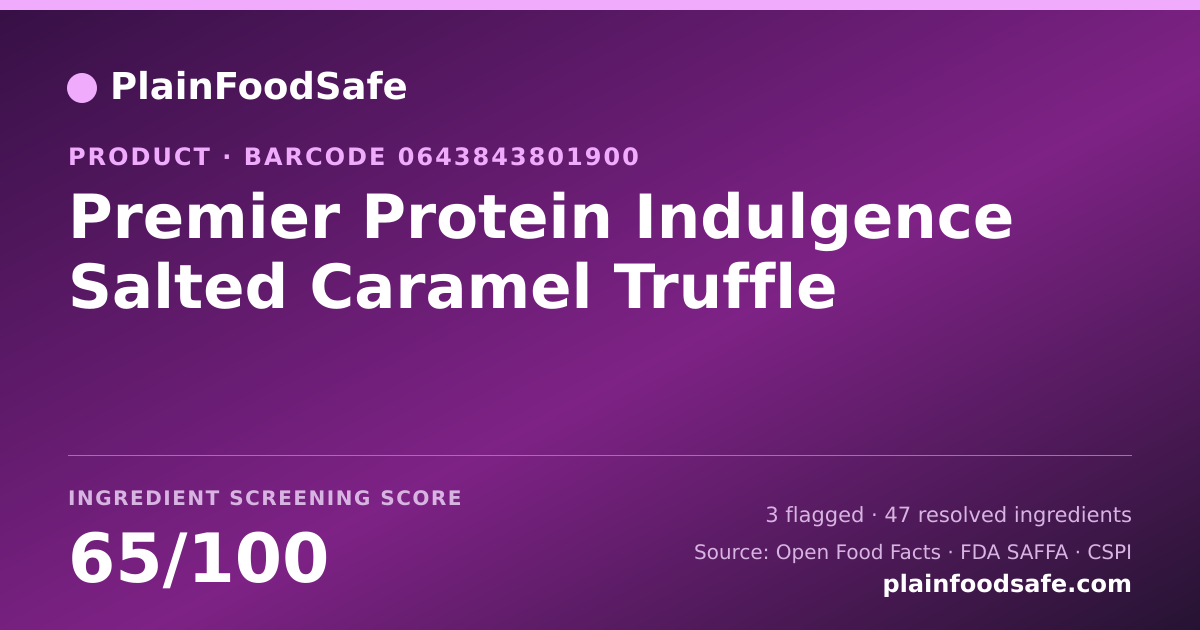 Share card for Premier Protein Indulgence Salted Caramel Truffle Food Ingredient Profile