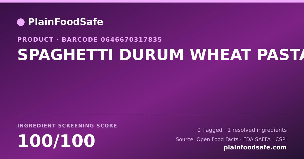 Share card for SPAGHETTI DURUM WHEAT PASTA Food Ingredient Profile