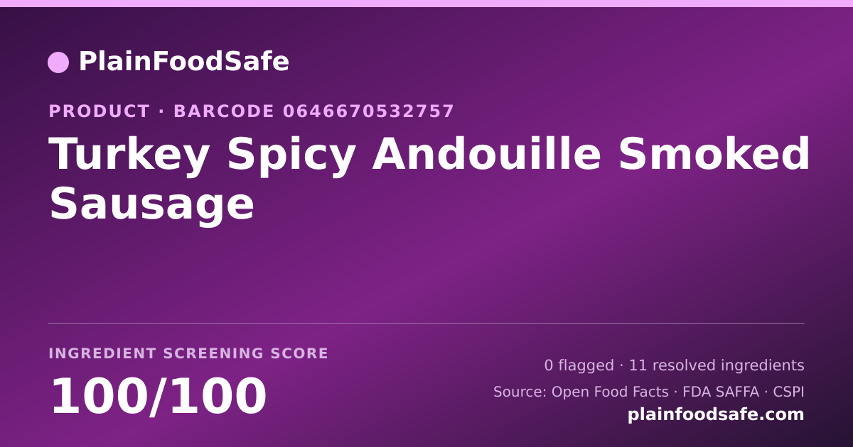Share card for Turkey Spicy Andouille Smoked Sausage Food Ingredient Profile