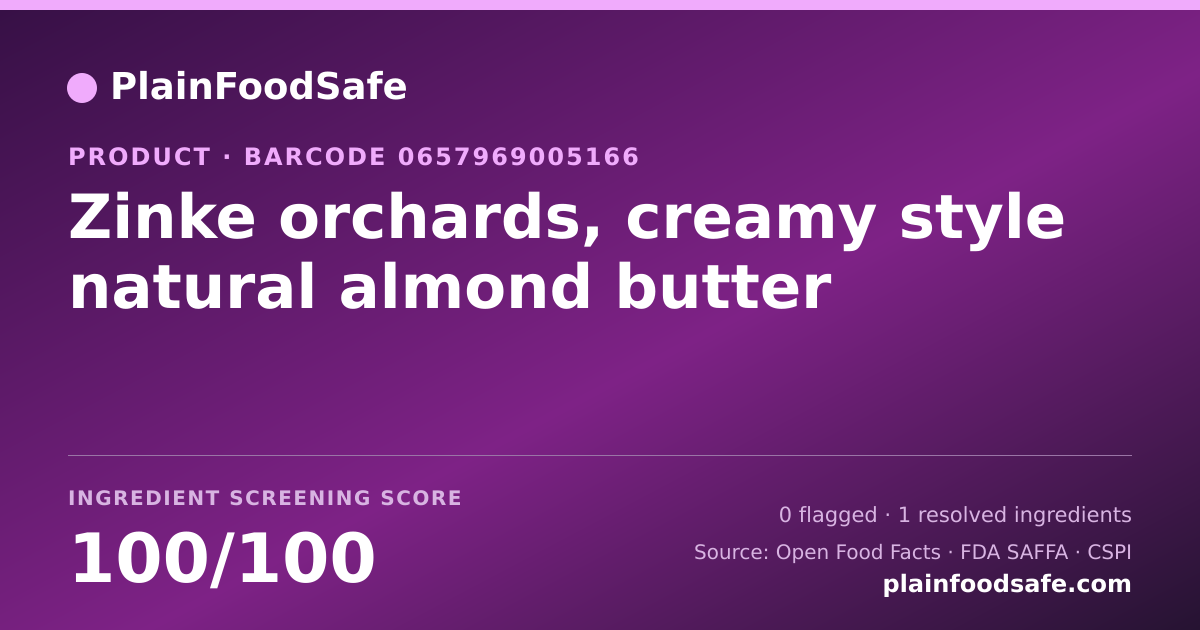 Share card for Zinke orchards, creamy style natural almond butter Food Ingredient Profile