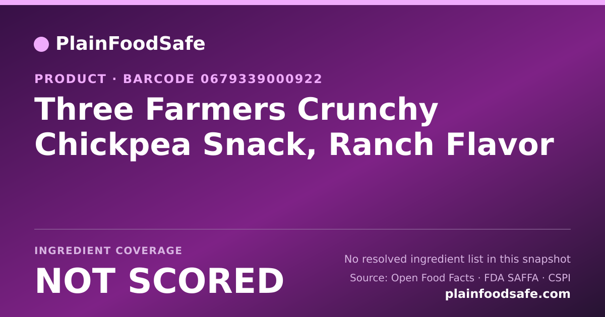 Share card for Three Farmers Crunchy Chickpea Snack, Ranch Flavor Food Ingredient Profile