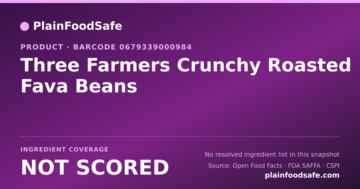 Share card for Three Farmers Crunchy Roasted Fava Beans Food Ingredient Profile