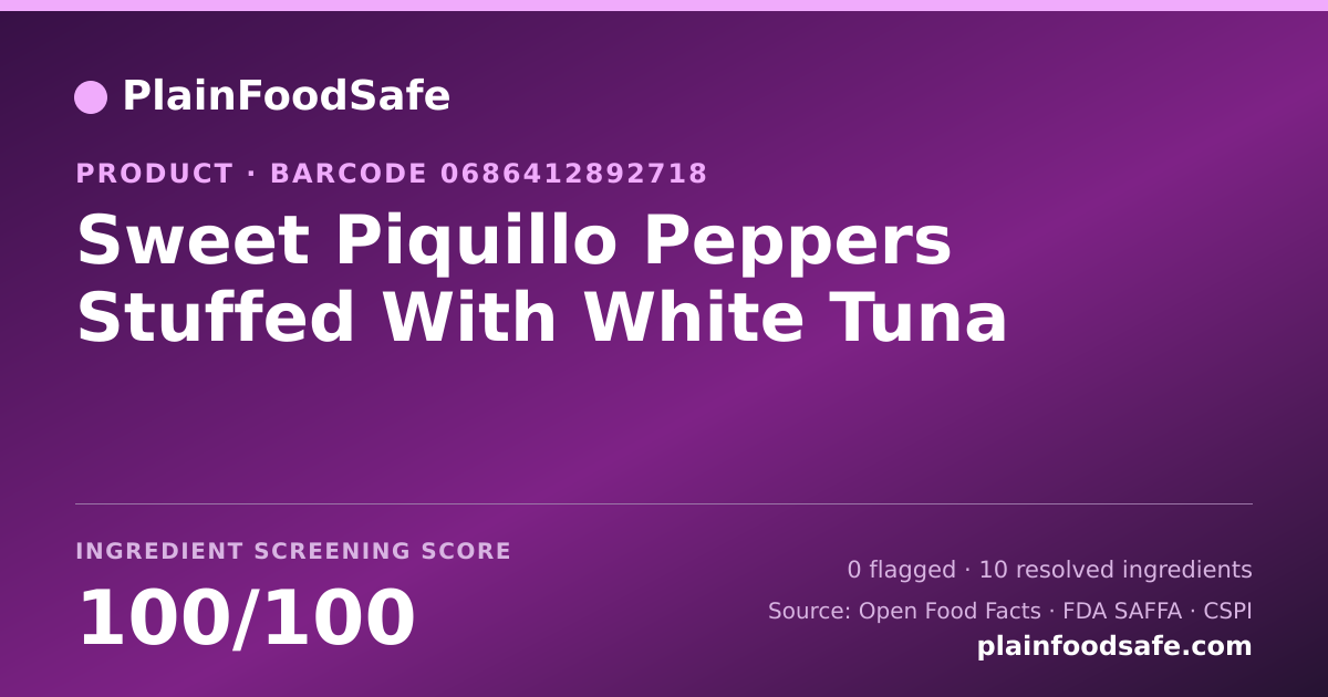 Share card for Sweet Piquillo Peppers Stuffed With White Tuna Food Ingredient Profile