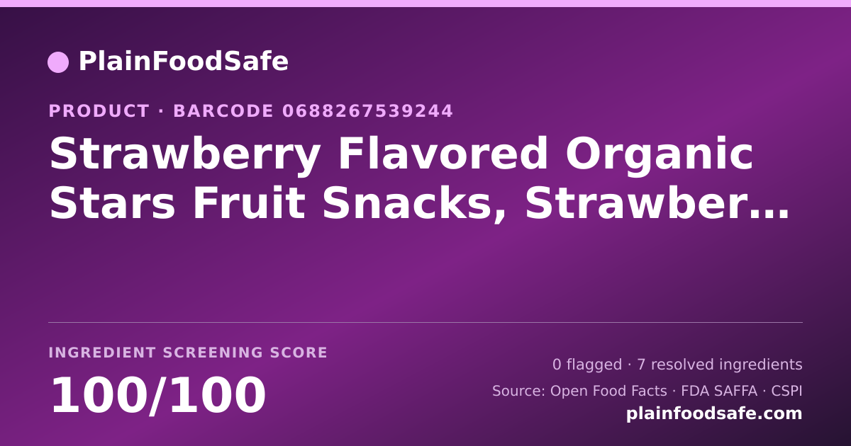 Share card for Strawberry Flavored Organic Stars Fruit Snacks, Strawberry Food Ingredient Profile
