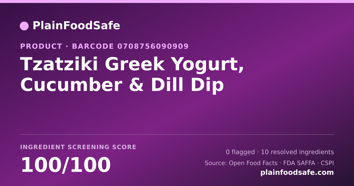 Share card for Tzatziki Greek Yogurt, Cucumber & Dill Dip Food Ingredient Profile