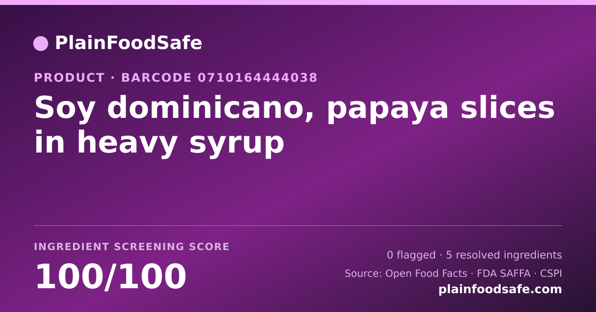 Share card for Soy dominicano, papaya slices in heavy syrup Food Ingredient Profile