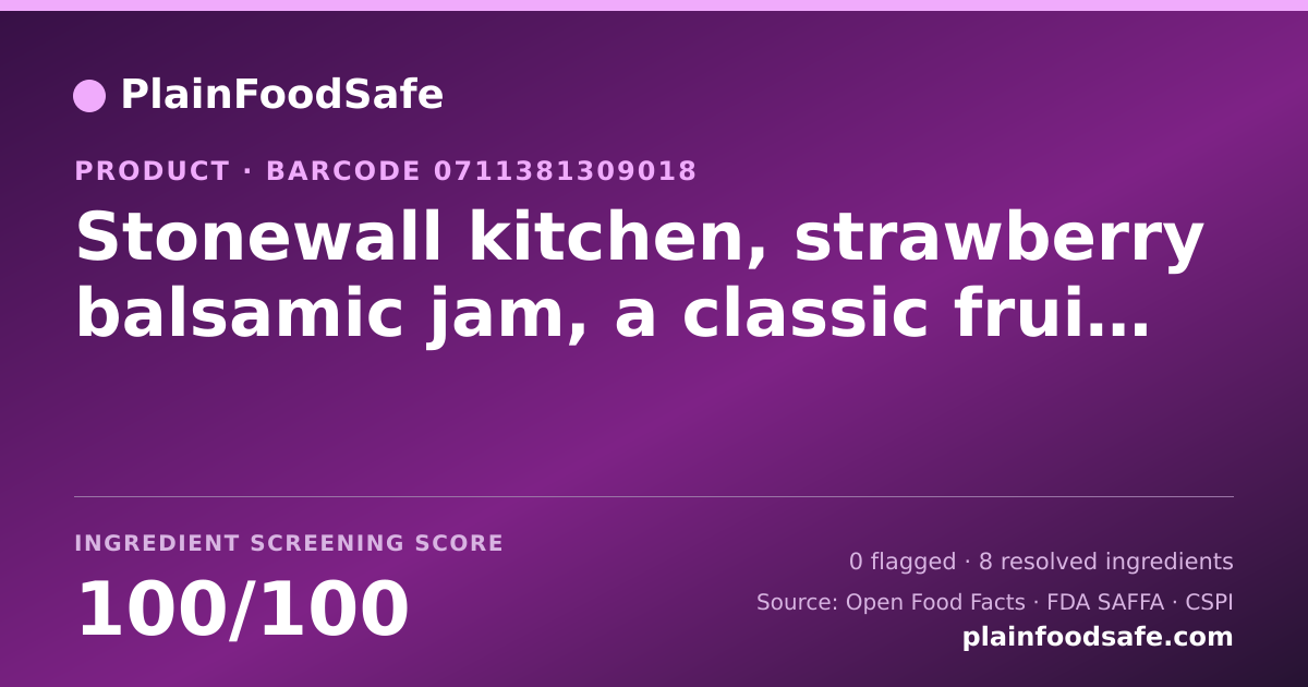 Share card for Stonewall kitchen, strawberry balsamic jam, a classic fruit spread Food Ingredient Profile