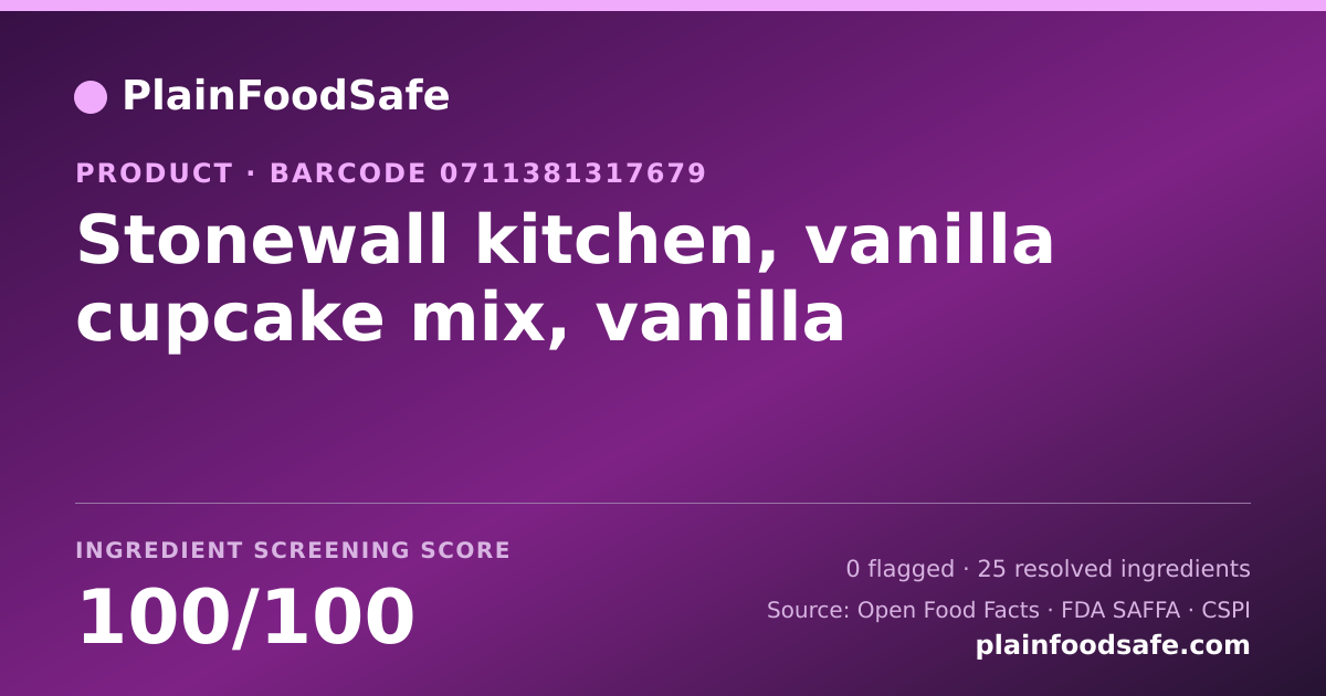 Share card for Stonewall kitchen, vanilla cupcake mix, vanilla Food Ingredient Profile