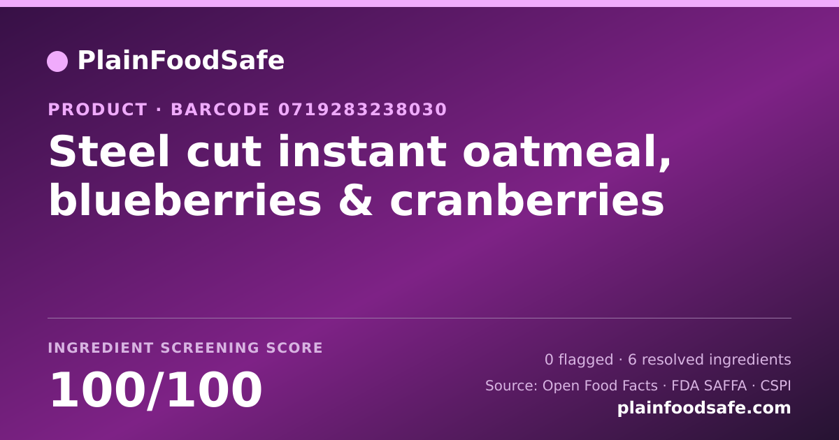Share card for Steel cut instant oatmeal, blueberries & cranberries Food Ingredient Profile