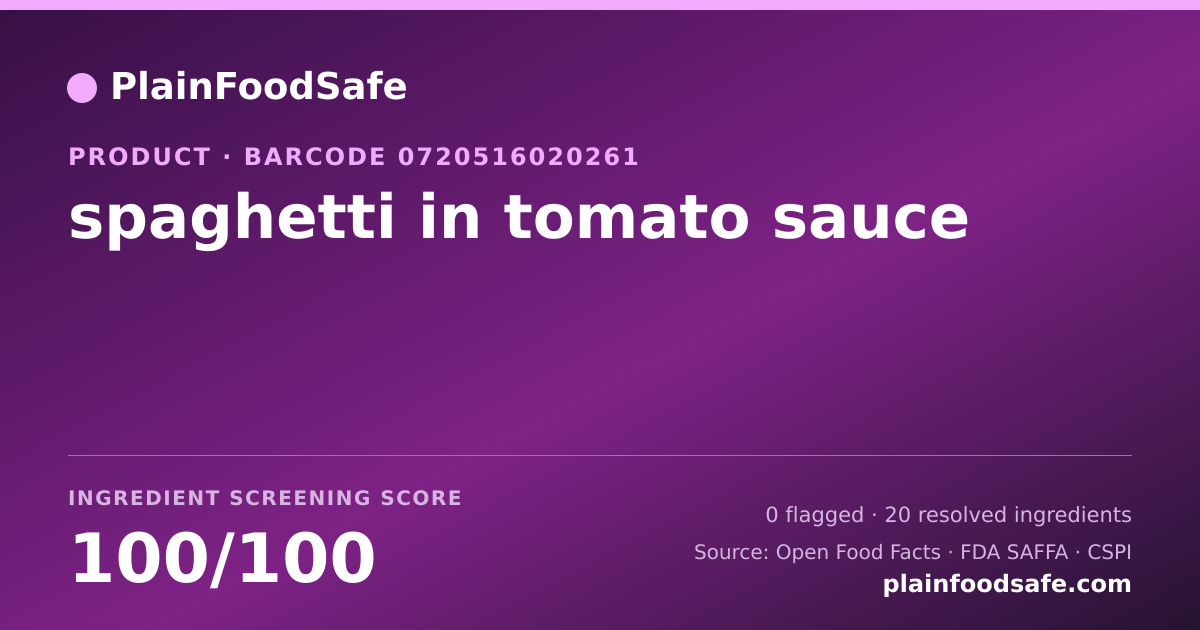Share card for spaghetti in tomato sauce Food Ingredient Profile