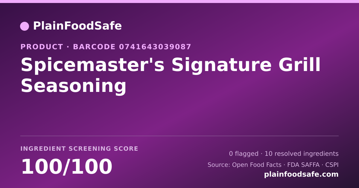 Share card for Spicemaster's Signature Grill Seasoning Food Ingredient Profile