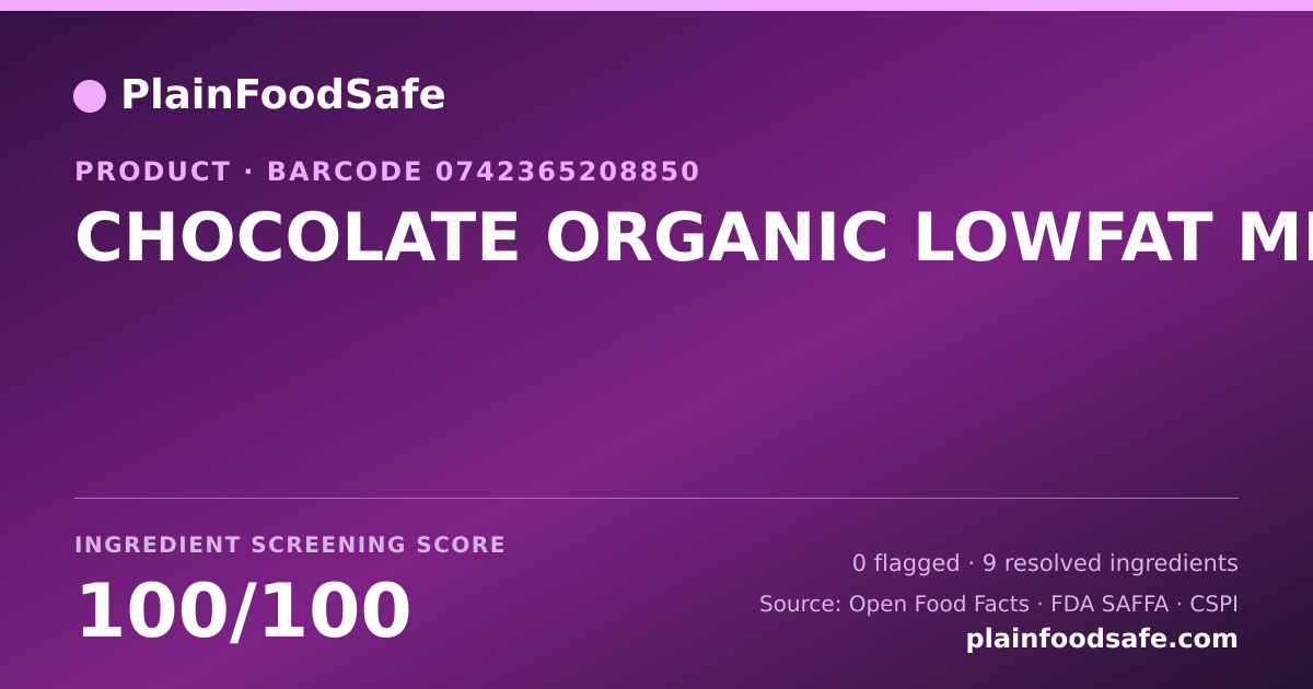 Share card for CHOCOLATE ORGANIC LOWFAT MILK Food Ingredient Profile