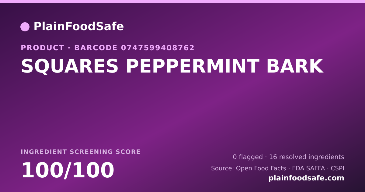 Share card for SQUARES PEPPERMINT BARK Food Ingredient Profile