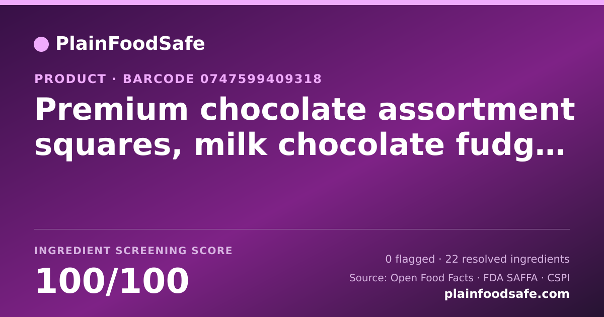 Share card for Premium chocolate assortment squares, milk chocolate fudge caramel, dark chocolate sea salt caramel, milk chocolate caramel, dark chocolate 60% cacao Food Ingredient Profile