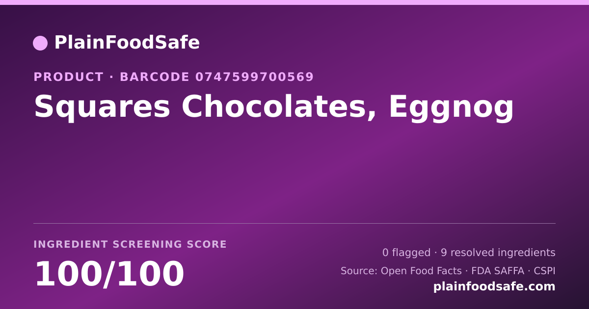 Share card for Squares Chocolates, Eggnog Food Ingredient Profile