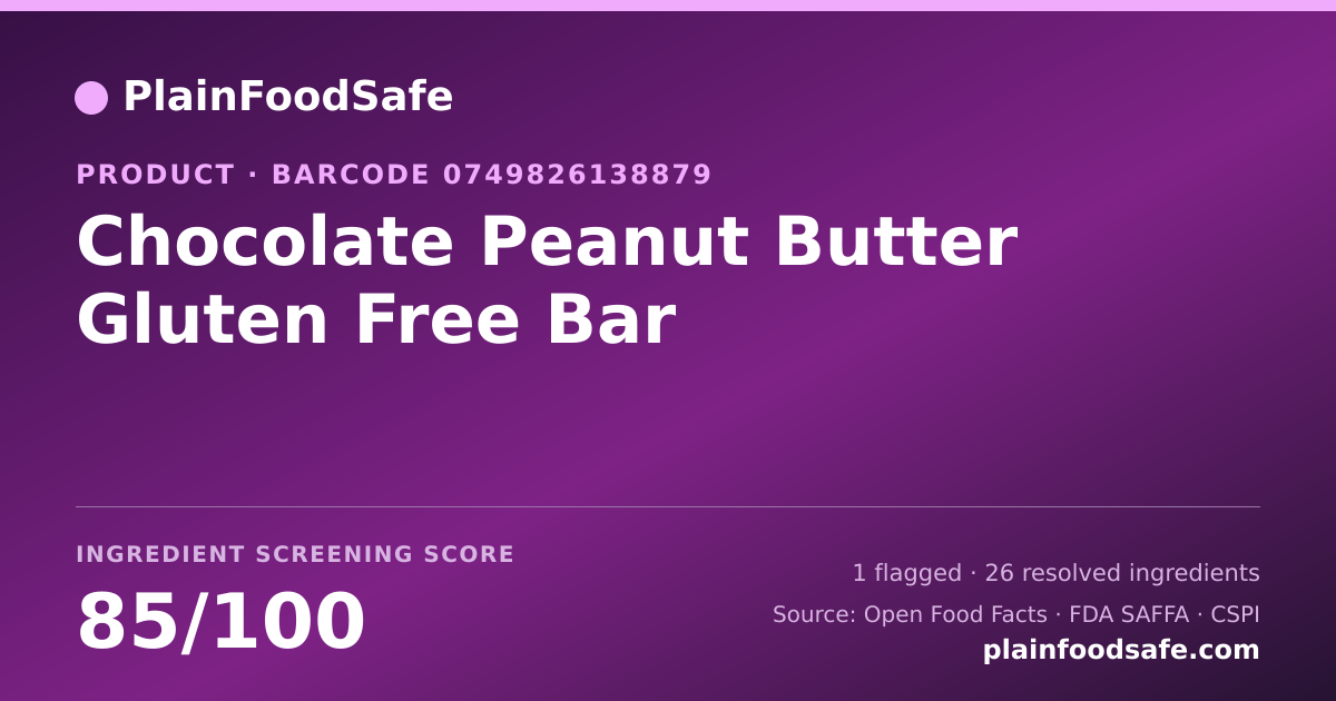 Share card for Chocolate Peanut Butter Gluten Free Bar Food Ingredient Profile