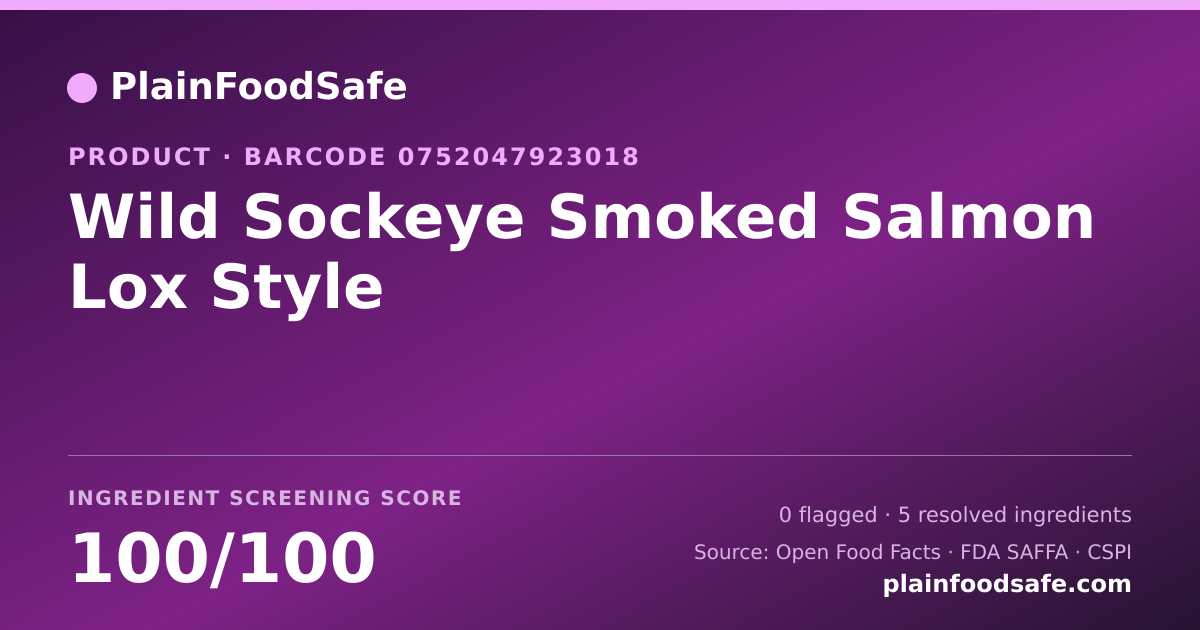 Share card for Wild Sockeye Smoked Salmon Lox Style Food Ingredient Profile