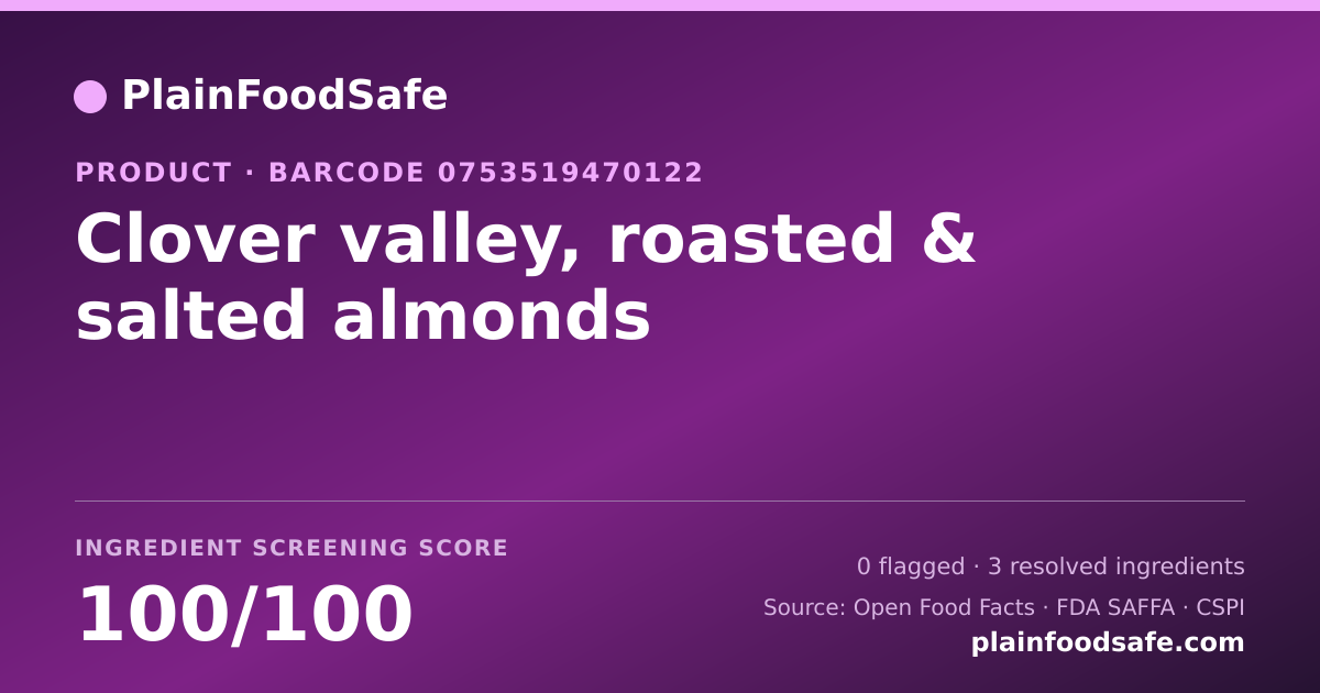 Share card for Clover valley, roasted & salted almonds Food Ingredient Profile