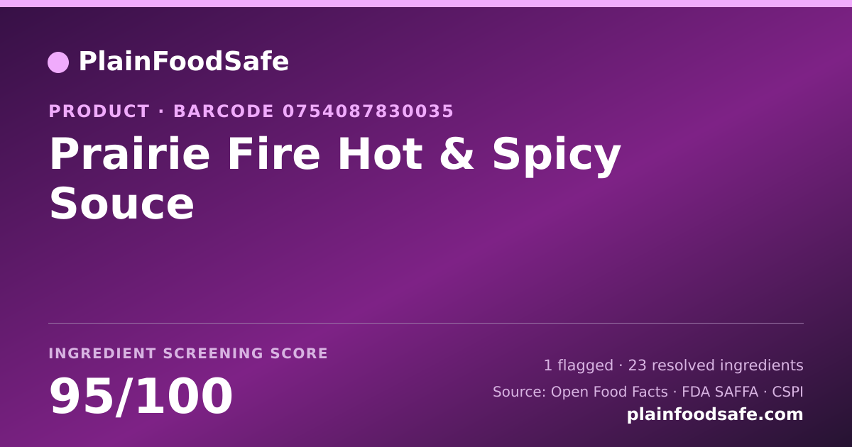 Share card for Prairie Fire Hot & Spicy Souce Food Ingredient Profile