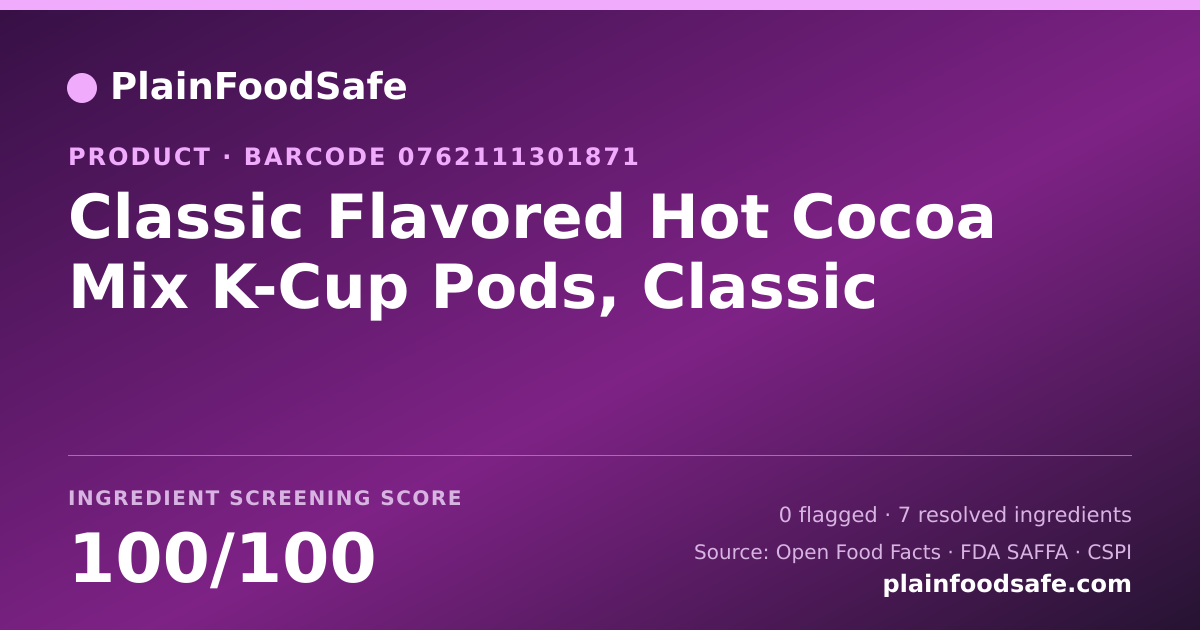 Share card for Classic Flavored Hot Cocoa Mix K-Cup Pods, Classic Food Ingredient Profile