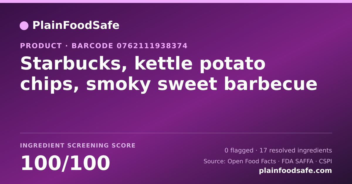 Share card for Starbucks, kettle potato chips, smoky sweet barbecue Food Ingredient Profile