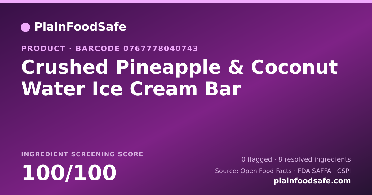 Share card for Crushed Pineapple & Coconut Water Ice Cream Bar Food Ingredient Profile