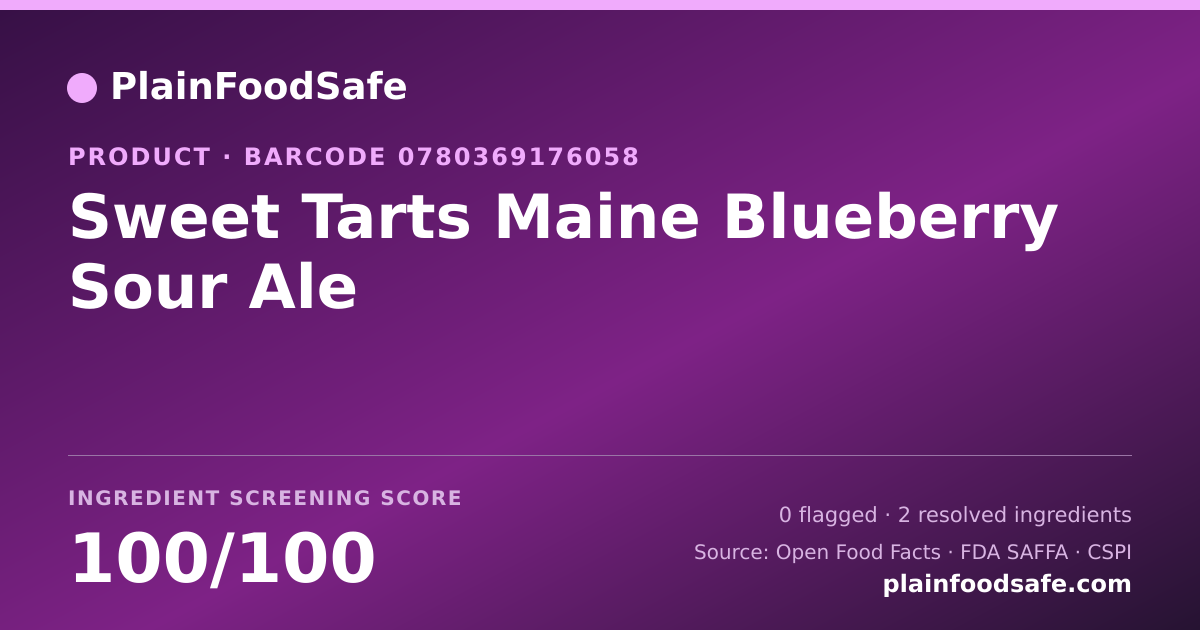 Share card for Sweet Tarts Maine Blueberry Sour Ale Food Ingredient Profile