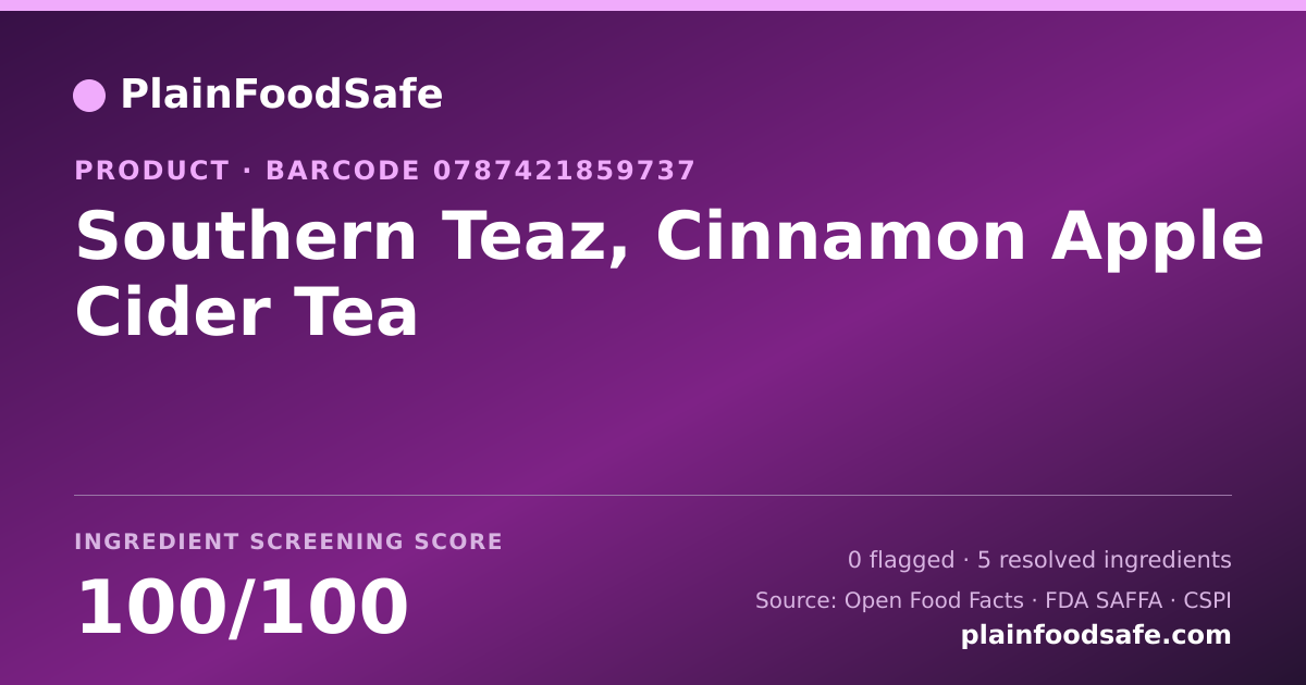 Share card for Southern Teaz, Cinnamon Apple Cider Tea Food Ingredient Profile