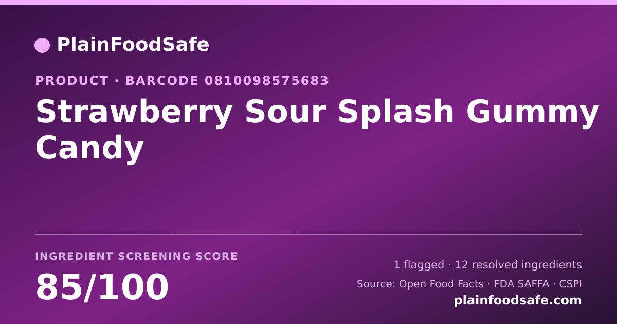 Share card for Strawberry Sour Splash Gummy Candy Food Ingredient Profile