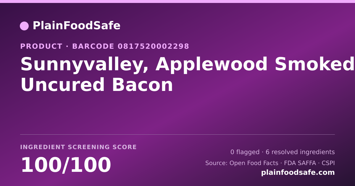 Share card for Sunnyvalley, Applewood Smoked Uncured Bacon Food Ingredient Profile