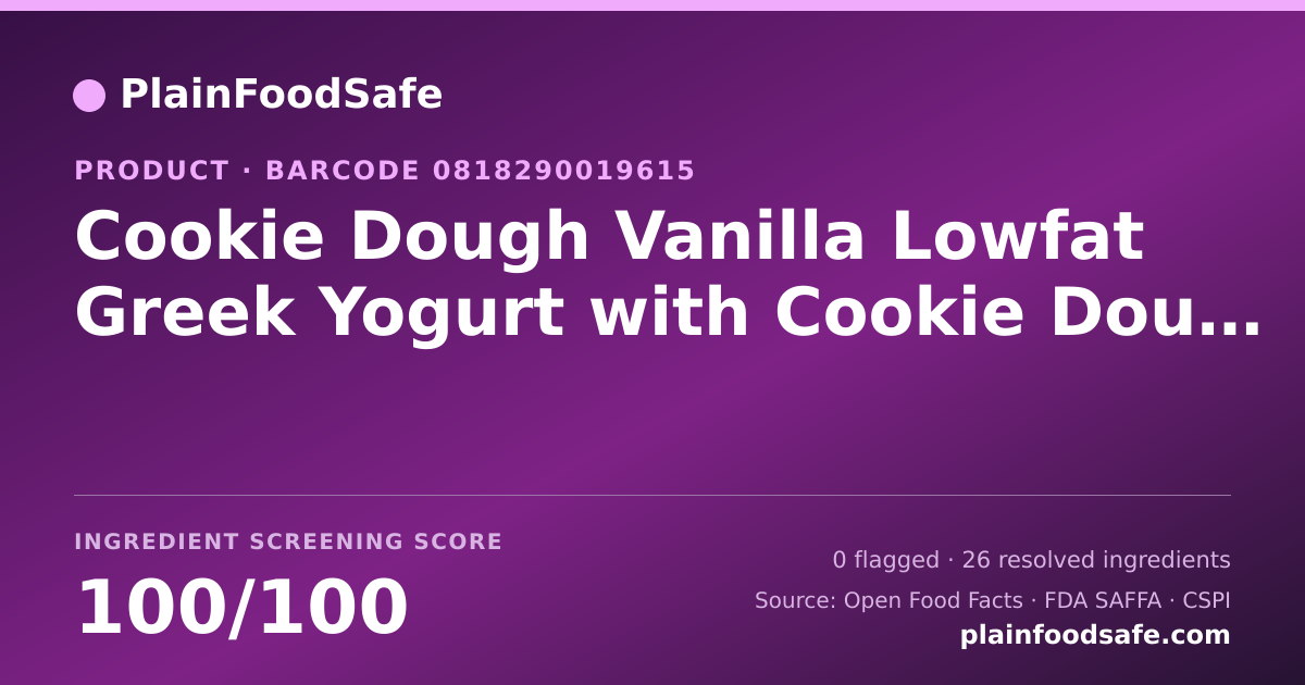 Share card for Cookie Dough Vanilla Lowfat Greek Yogurt with Cookie Dough Pieces, Cookie Rice Crisps & Milk Chocolate Chips Food Ingredient Profile