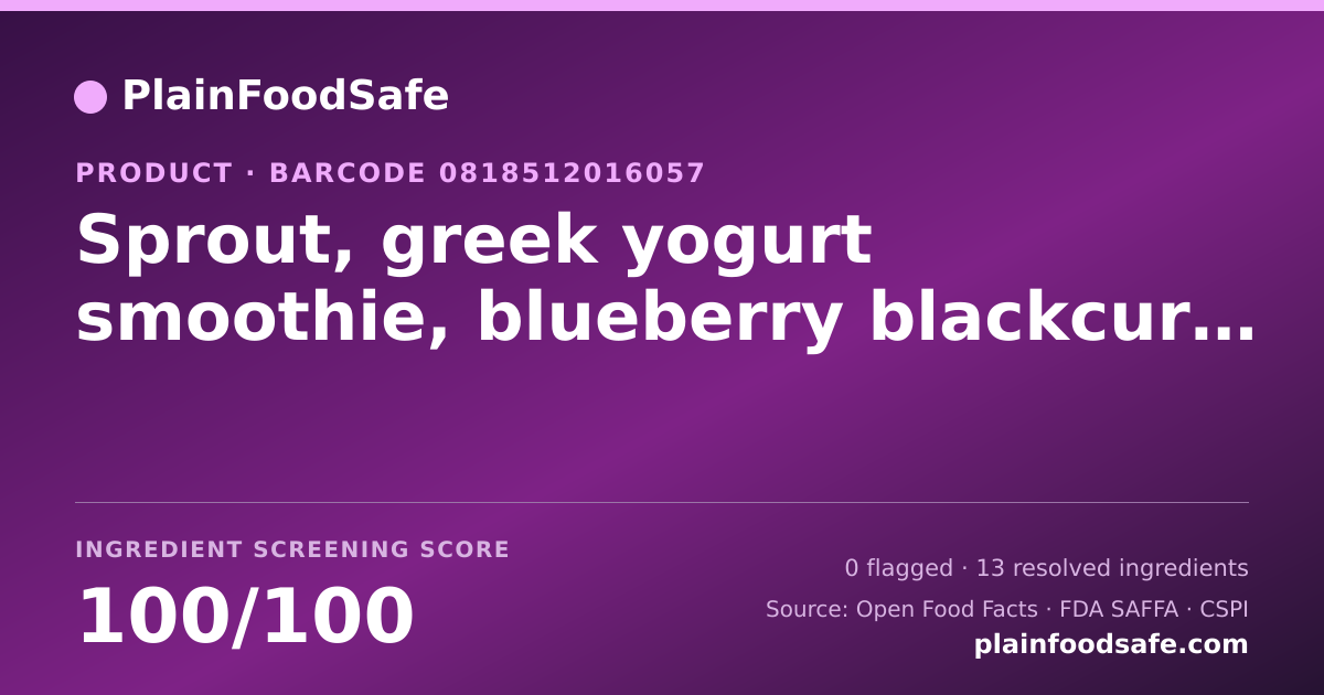 Share card for Sprout, greek yogurt smoothie, blueberry blackcurrant with greek yogurt Food Ingredient Profile