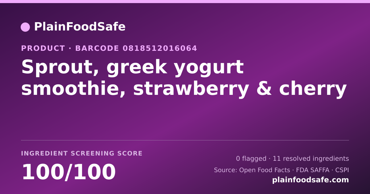 Share card for Sprout, greek yogurt smoothie, strawberry & cherry Food Ingredient Profile
