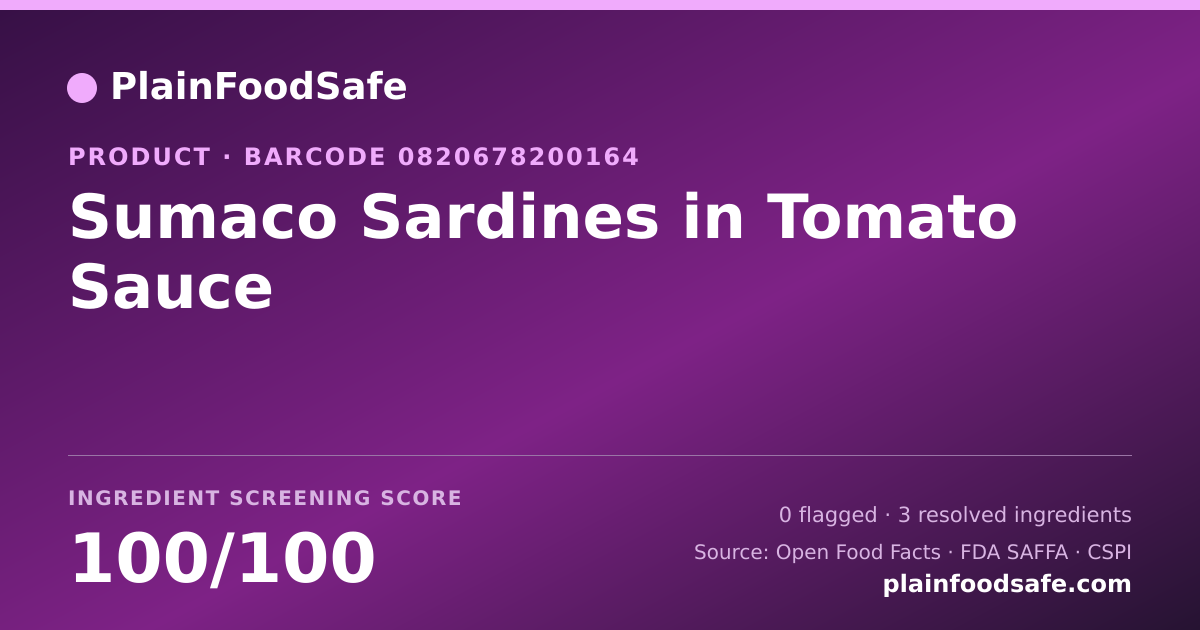 Share card for Sumaco Sardines in Tomato Sauce Food Ingredient Profile
