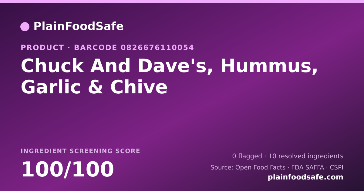 Share card for Chuck And Dave's, Hummus, Garlic & Chive Food Ingredient Profile