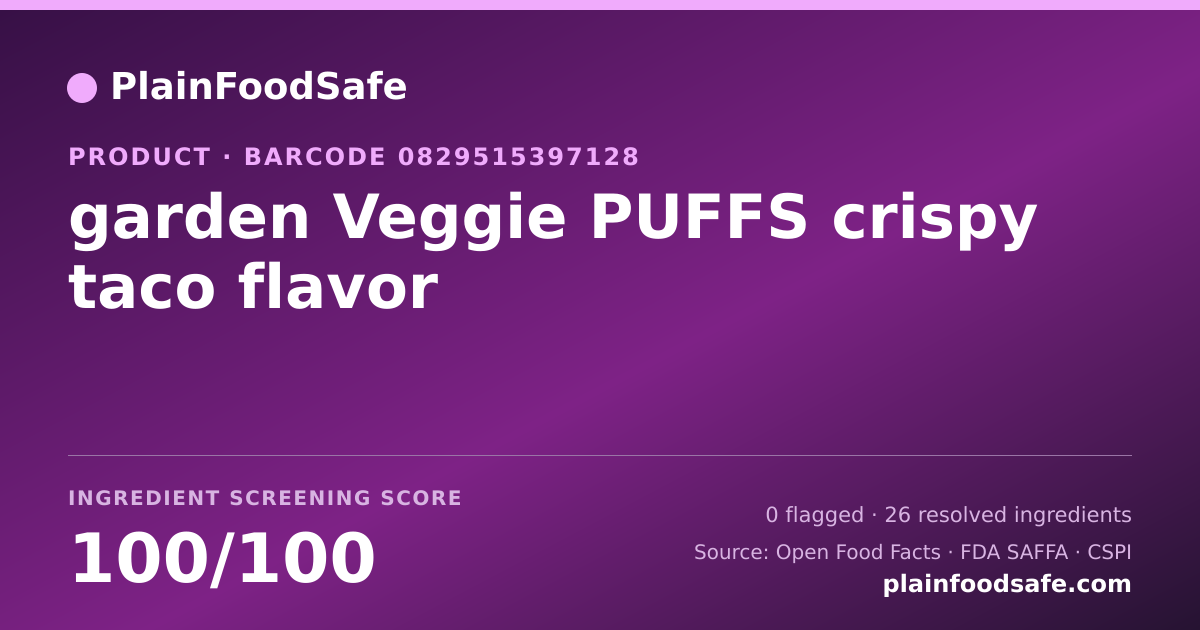 Share card for garden Veggie PUFFS crispy taco flavor Food Ingredient Profile