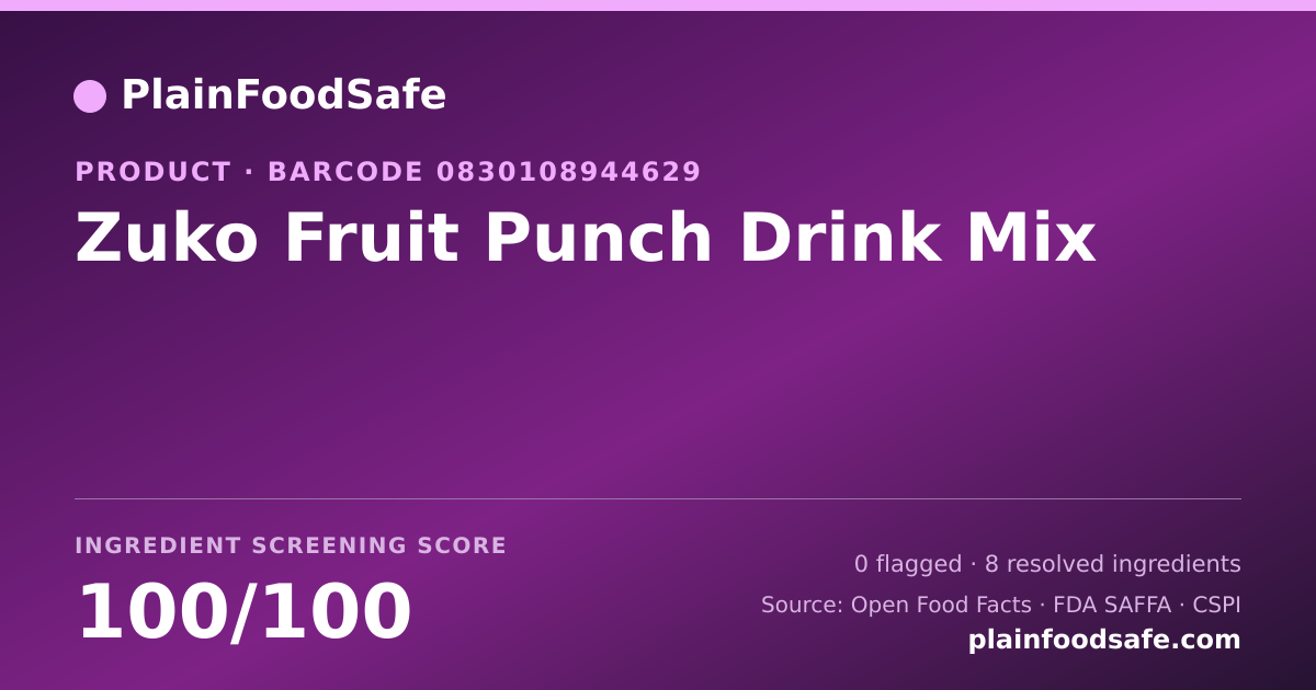 Share card for Zuko Fruit Punch Drink Mix Food Ingredient Profile