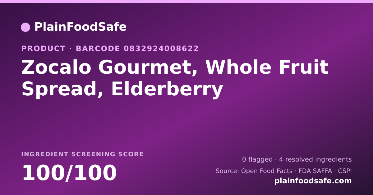 Share card for Zocalo Gourmet, Whole Fruit Spread, Elderberry Food Ingredient Profile