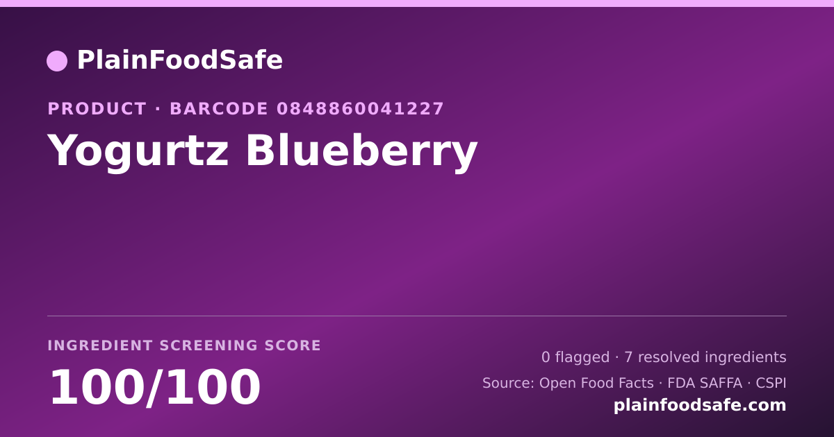 Share card for Yogurtz Blueberry Food Ingredient Profile