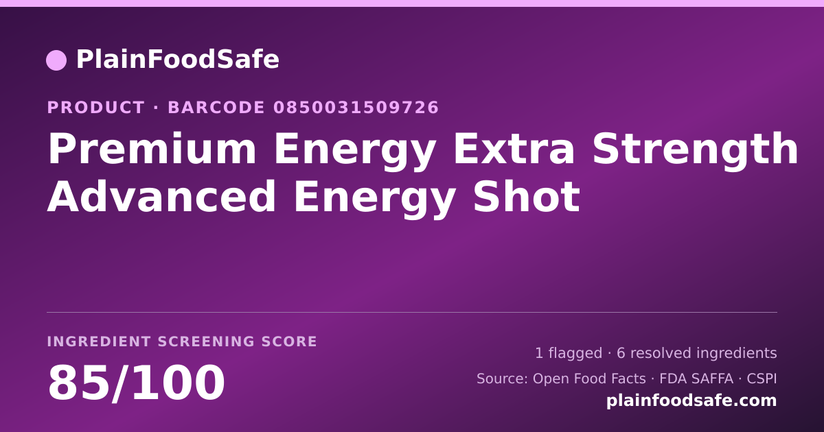 Share card for Premium Energy Extra Strength Advanced Energy Shot Food Ingredient Profile