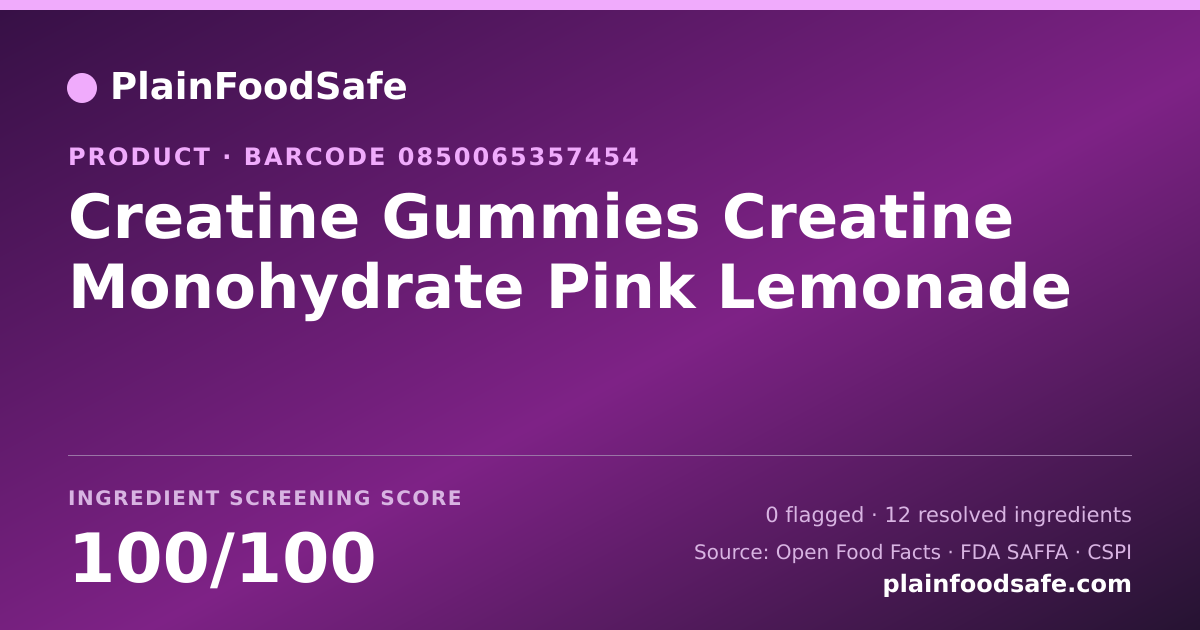 Share card for Creatine Gummies Creatine Monohydrate Pink Lemonade Food Ingredient Profile