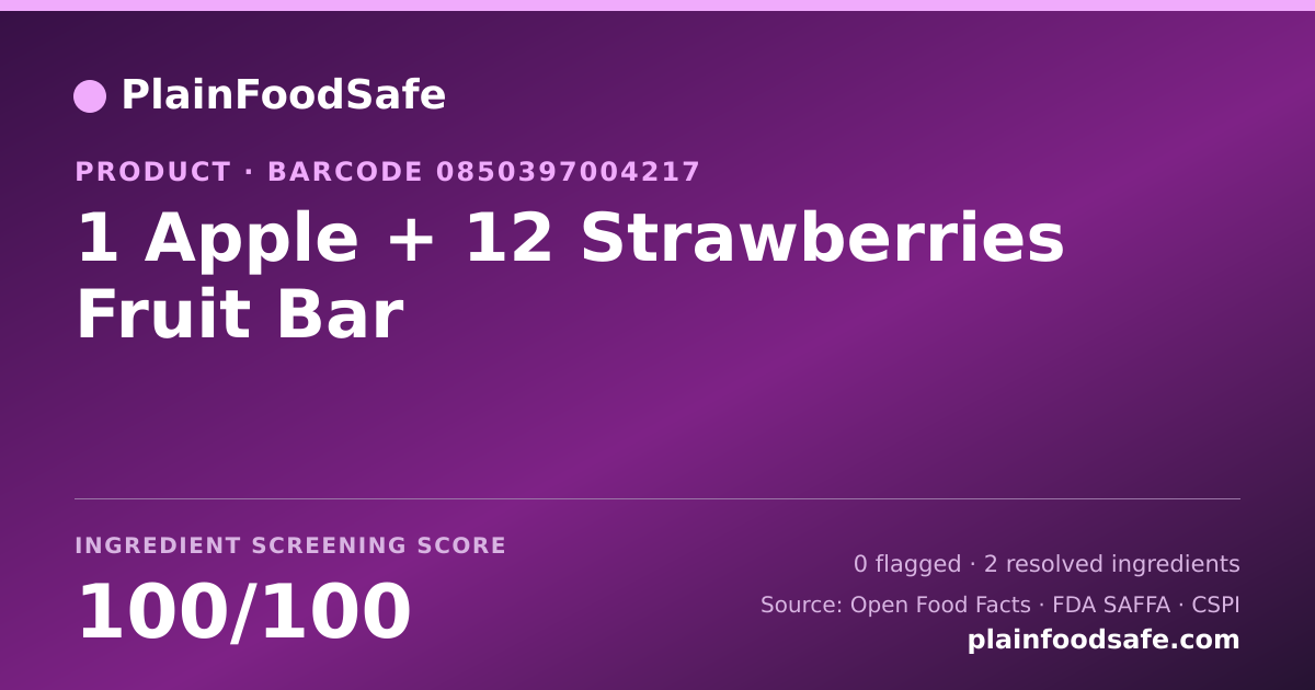 Share card for 1 Apple + 12 Strawberries Fruit Bar Food Ingredient Profile