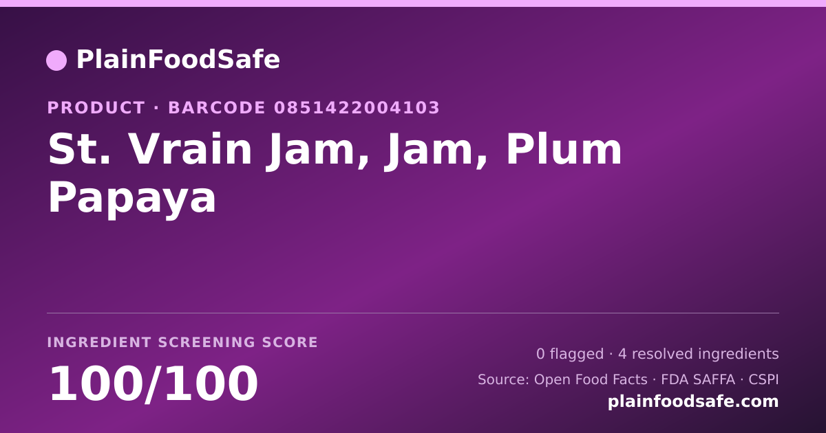 Share card for St. Vrain Jam, Jam, Plum Papaya Food Ingredient Profile