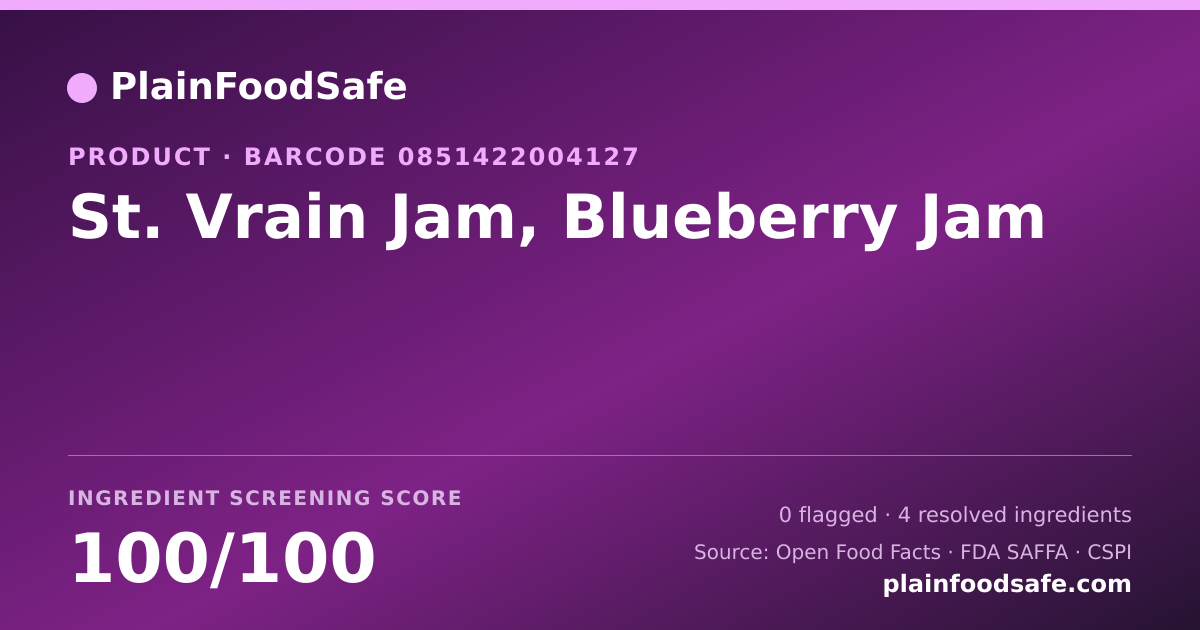 Share card for St. Vrain Jam, Blueberry Jam Food Ingredient Profile