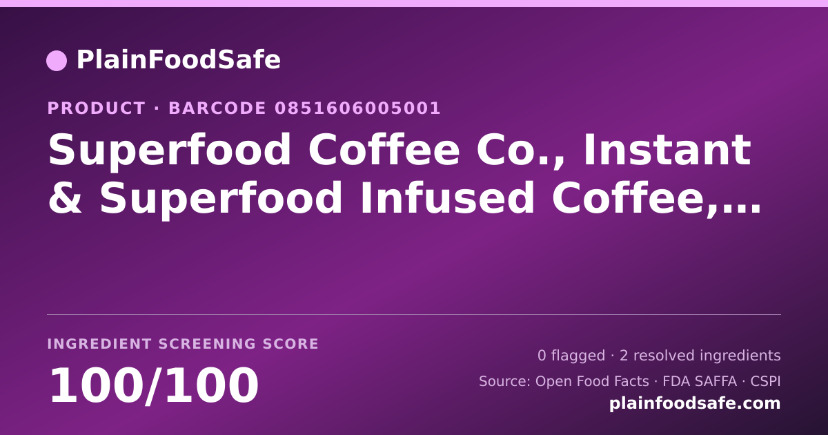 Share card for Superfood Coffee Co., Instant & Superfood Infused Coffee, Smoky Food Ingredient Profile