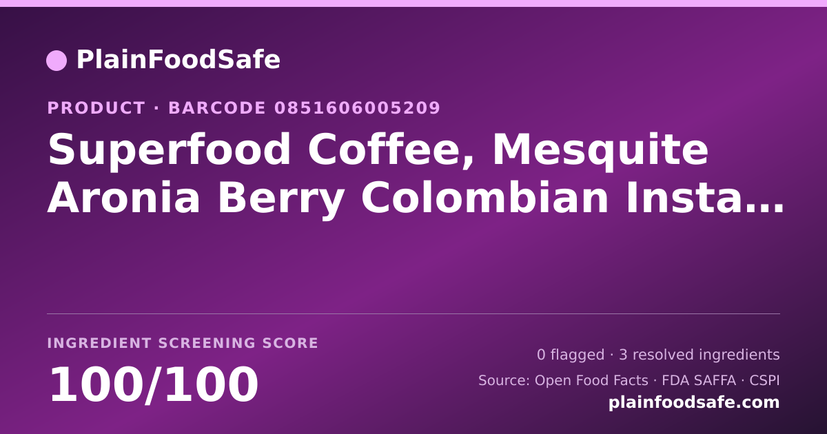 Share card for Superfood Coffee, Mesquite Aronia Berry Colombian Instant Coffee, Smoking Berry Food Ingredient Profile