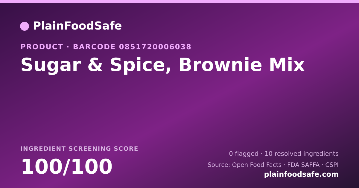 Share card for Sugar & Spice, Brownie Mix Food Ingredient Profile