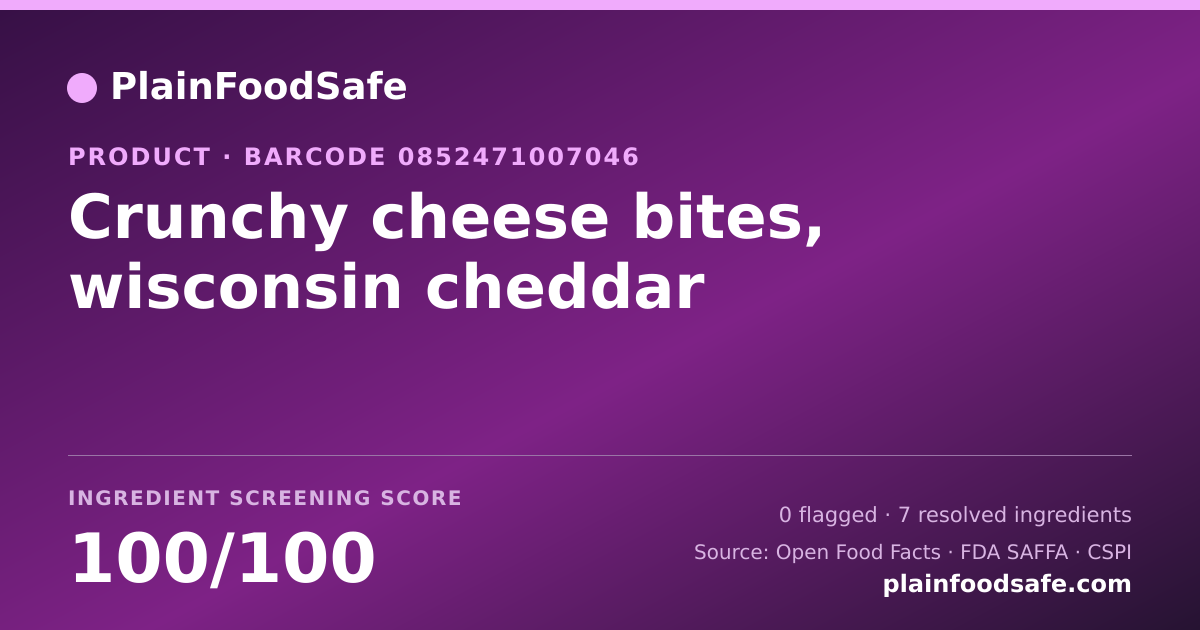 Share card for Crunchy cheese bites, wisconsin cheddar Food Ingredient Profile